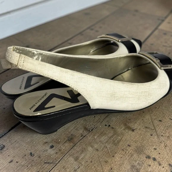 Anne Klein Sport Cream/Black Slingback Peep-Toe Low Heel Pumps - Picture 6 of 9